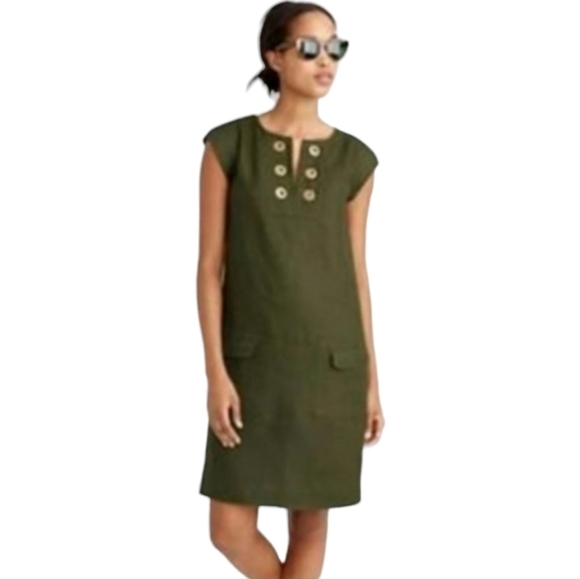 J. Crew Olive Green Linen Shift Dress Gold Grommet Detail Sz 4 - Picture 1 of 10